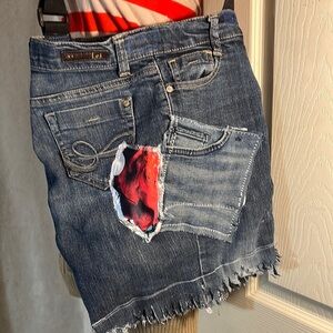 UPCYCLED denim jean bag/tote  fancy trim